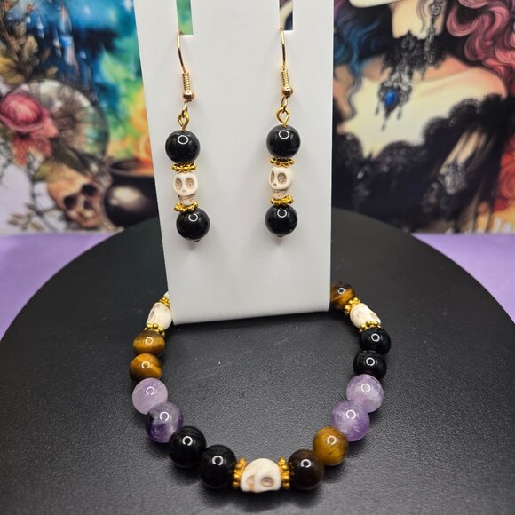 Gemstone Black Obsidian, Amethyst, Tiger's Eye Bracelet and Earrings Set - Picture 5 of 5